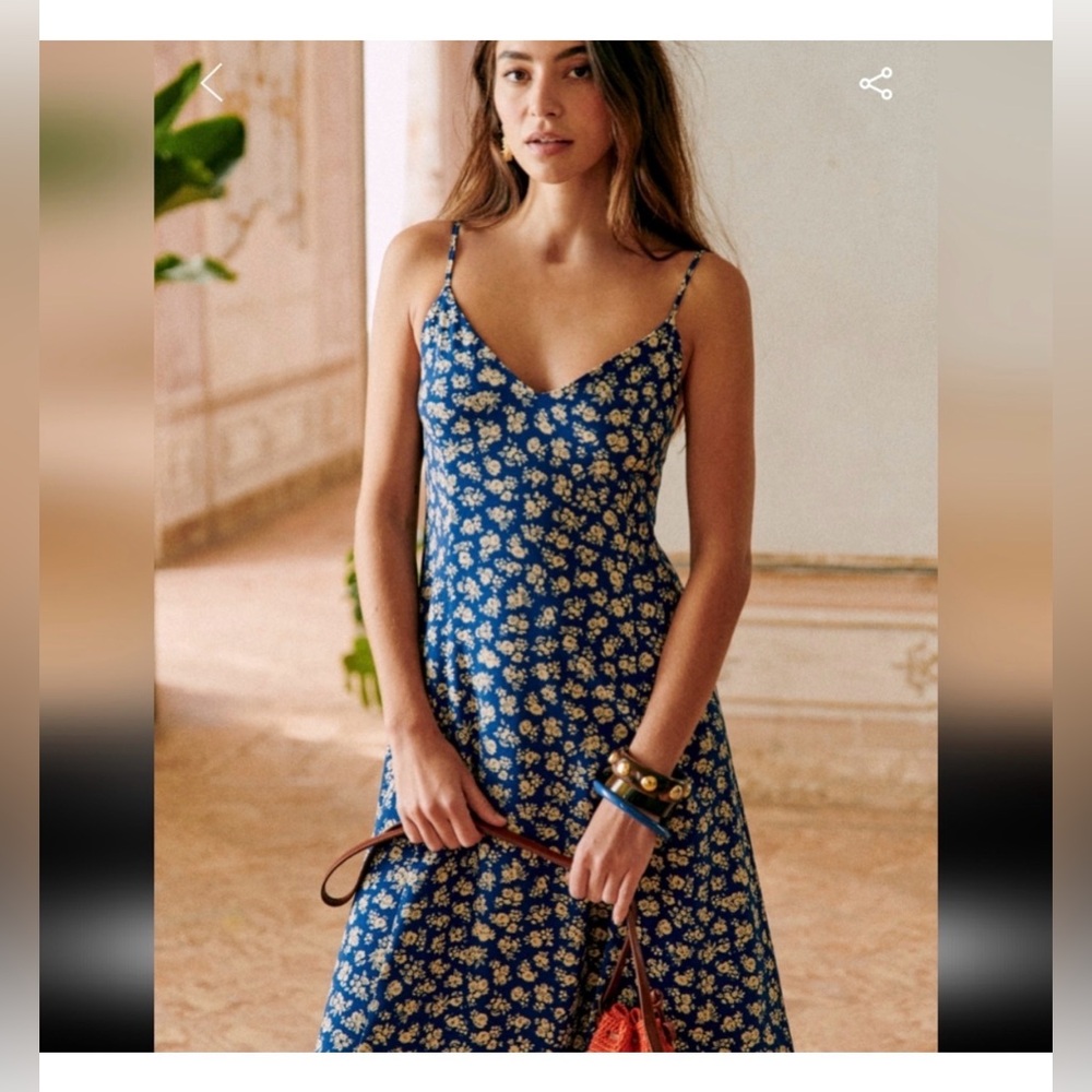 Sezane Marguarita Blue Floral Midi Slip Dress with Spaghetti Straps